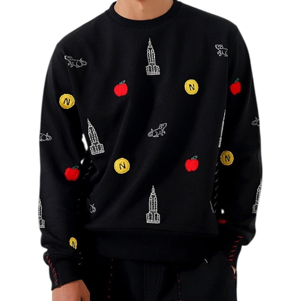 ONE432 Mens Black Crewneck Sweatshirt NYC Empire State Apple‎ Coin Embroidered M